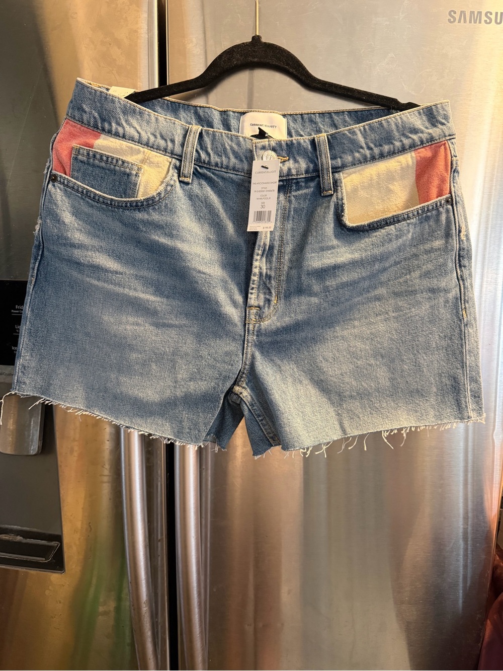 Current/Elliott Light Wash Denim Shorts with Red and Cream Accents
